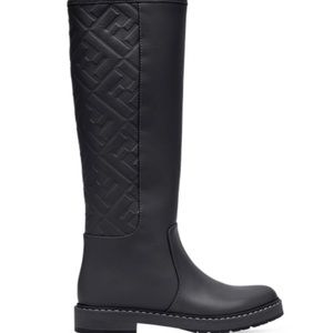 Fendi boot with embossed logos in black leather, below the knee.